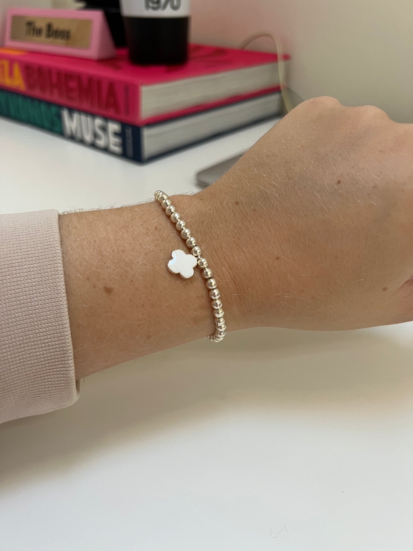 White Clover Charm Beaded Bracelet