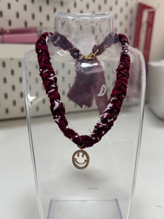 Burgundy Bandana Crystal Smiley Face Charm Necklace