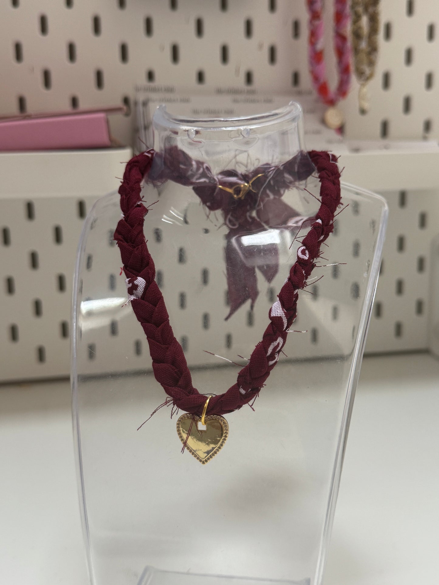 Burgundy Bandana Gold Heart Charm Necklace