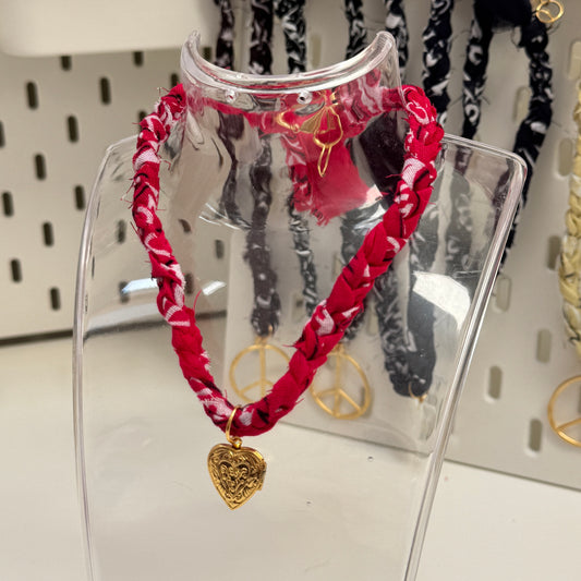 HOT PINK HEART LOCKET BANDANA NECKLACE